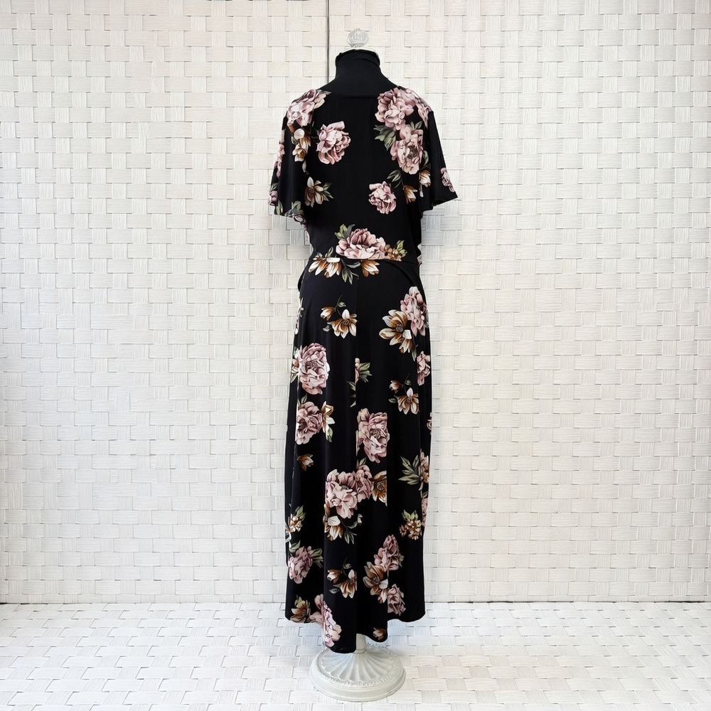 Fortune + Ivy Maxi Dress Black Floral High-Low Faux Wrap 1X Short Flutter Sleeve - Picture 3 of 9